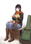  1girl :t bangs belt black_eyes black_hair black_jacket boots braid breasts brown_footwear commentary cup denim disposable_cup drinking_straw food french_fries full_body guitar_case hamburger highres holding holding_food instrument_case jacket jeans jun_(seojh1029) long_hair long_sleeves looking_at_viewer mcdonald&#039;s medium_breasts orange_scarf original pants scarf simple_background sitting solo white_background 