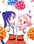  2girls :d absurdres ahoge anima_yell! arima_hizume arm_up artist_request blush bow cheerleader closed_mouth collarbone confetti eyebrows_visible_through_hair hair_bow hatoya_kohane head_tilt highres long_hair looking_at_viewer multiple_girls open_mouth orange_skirt outstretched_arms pink_hair pleated_skirt pom_poms ponytail purple_hair red_eyes scan shirt skirt sleeveless sleeveless_shirt smile striped striped_bow sweat very_long_hair violet_eyes white_background 