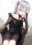  1girl bare_shoulders black_dress breasts chair chin_rest collarbone commentary_request dated dress fangs highres long_hair looking_at_viewer nosuku original pointy_ears shiny shiny_hair short_dress silver_hair sitting small_breasts solo strapless strapless_dress twintails violet_eyes 
