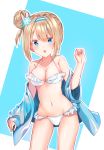  1girl absurdres bangs bare_shoulders bikini blue_background blue_eyes blue_hairband blue_jacket blush breasts cleavage collarbone commentary eyebrows_visible_through_hair frilled_bikini frills girls_frontline hair_between_eyes hair_bun hair_ornament hairband hand_up head_tilt highres jacket light_brown_hair long_sleeves looking_at_viewer mamel_27 medium_breasts navel off_shoulder one_side_up outline parted_lips side_bun sidelocks sleeves_past_wrists snowflake_hair_ornament solo suomi_kp31_(girls_frontline) swimsuit two-tone_background white_background white_bikini white_outline 