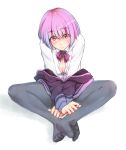  1girl bow breasts button_gap cleavage collared_shirt feet jacket lavender_hair looking_at_viewer pantyhose purple_bow purple_jacket purple_neckwear red_eyes shinjou_akane shirt sleeves_past_wrists soles solo ssss.gridman toes white_cardigan yamauchi_(conan-comy) 