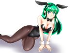  1girl absurdres animal_ears arm_support black_legwear black_leotard black_neckwear blue_eyes bow bowtie bunny_girl bunny_tail bunnysuit commentary_request detached_collar feet_out_of_frame green_hair highres horns leotard long_hair lum nanao_futaba oni_horns pantyhose pointy_ears rabbit_ears shadow sitting solo strapless strapless_leotard tail urusei_yatsura wrist_cuffs yokozuwari 