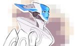  1girl bald blue_eyes blue_lips commentary echo_(overwatch) english_commentary hologram looking_at_viewer miranda_yeo nose overwatch pixelated robot solo upper_body 