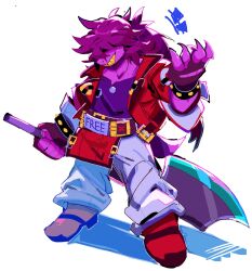  1girl axe belt colored_skin cosplay deltarune fingerless_gloves full_body gloves guilty_gear hair_over_eyes highres holding holding_axe holding_weapon jacket long_hair looking_at_viewer open_clothes open_jacket pants purple_hair purple_shirt purple_skin red_jacket sharp_teeth shirt simple_background smile sol_badguy sol_badguy_(cosplay) solo standing susie_(deltarune) teeth tierrlist weapon white_background 
