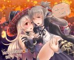  1boy 1girl animal_ears artist_name bare_shoulders black_dress black_footwear black_legwear blush boots breasts cape carrying cleavage corrin_(fire_emblem) corrin_(fire_emblem)_(female) corset dated detached_collar dress english fangs female_my_unit_(fire_emblem_if) fire_emblem fire_emblem_fates fire_emblem_heroes fire_emblem_if hair_ribbon halloween halloween_costume hands_on_own_chest happy_halloween hat intelligent_systems long_hair long_sleeves looking_at_another looking_at_viewer medium_breasts my_unit_(fire_emblem_if) neck_ribbon nintendo open_mouth orange_eyes pointy_ears ponytail princess_carry pumpkin red_eyes ribbon signature silver_hair takumi_(fire_emblem) takumi_(fire_emblem_if) thighs trick_or_treat witch_hat yori_ill 