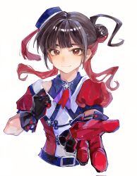  1girl belt belt_buckle black_gloves brown_hair buckle clenched_teeth closed_mouth commentary gloves hair_bun hands_up highres looking_at_viewer love_live! love_live!_superstar!! moben multicolored_hair outstretched_arm outstretched_hand real_life red_eyes red_gloves red_hair short_hair_with_long_locks short_sleeves simple_background single_hair_bun smile solo superstar!!_(love_live!) teeth two-tone_gloves two-tone_hair upper_body voice_actor white_background yabushima_akane 