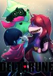  2others androgynous axe black_hair black_jacket blue_skin bracelet cape copyright_name deltarune green_hat grey_background hair_over_eyes hand_up hat index_finger_raised jacket jewelry kris_(deltarune) multiple_others pink_scarf ralsei red_cape scarf sen1986 sharp_teeth spiked_bracelet spikes standing susie_(deltarune) sword teeth weapon 