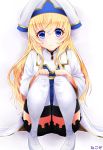  1girl blonde_hair blue_eyes blush boots dress frills goblin_slayer! hat long_hair looking_at_viewer priestess_(goblin_slayer!) simple_background sitting smile solo thigh-highs thigh_boots white_background 