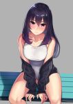  1girl bangs bare_shoulders bench black_jacket blush breasts closed_mouth collarbone covered_navel grey_background hair_between_eyes highres jacket kagematsuri large_breasts long_hair looking_at_viewer off_shoulder one-piece_swimsuit open_clothes open_jacket original purple_hair simple_background sitting solo swimsuit thighs violet_eyes white_swimsuit 