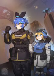  2girls black_gloves black_hairband black_ribbon blonde_hair blue_eyes blue_hair closed_mouth dif_(difman) difman flag gloves goggles goggles_on_head hair_ribbon hairband helldivers_(series) highres jacket multicolored_hair multiple_girls original ribbon salute seaf_soldier_(helldivers) shanghai short_hair smile streaked_hair yellow_eyes 