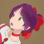  1girl akagi_(fmttps) bangs bow brooch brown_background cat_girl choker commentary dress dutch_angle eyebrows_visible_through_hair fangs frown gegege_no_kitarou gem hair_bow hair_bun jewelry looking_to_the_side nekomusume nekomusume_(gegege_no_kitarou_6) open_mouth pinafore_dress pointy_ears portrait purple_hair red_bow red_choker red_dress shirt short_hair simple_background solo white_shirt yellow_eyes 