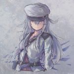  1girl belt facial_scar gangut_(kantai_collection) grey_hair hair_between_eyes hair_ornament hairclip hat jacket kantai_collection long_hair looking_at_viewer military_hat orange_eyes peaked_cap red_shirt scar shirt solo upper_body white_hat white_jacket yomi_(yomi14_pyaon) 