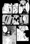  13_(spice!!) 1girl apron bow braid comic dress greyscale hat hat_bow highres kirisame_marisa long_hair monochrome mushroom page_number rain short_sleeves touhou translation_request tripping twin_braids twintails waist_apron witch_hat younger 
