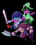 1girl 2boys :| ahoge axe black_background blue_hair blue_skin cape clenched_hand closed_mouth deltarune female fighting_stance funtarunta glasses gloves green-framed_eyewear green_cape grin hair_over_eyes hair_over_one_eye heart heart_belt highres holding holding_axe holding_sword holding_weapon kris_(deltarune) male pants pink_scarf ralsei scarf sharp_teeth simple_background smile studded_armlet studded_bracelet susie_(deltarune) sword teeth weapon white_gloves yellow_sclera yellow_teeth