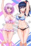  absurdres bangs bare_shoulders bikini black_hair blue_eyes blush breasts cleavage collarbone hair_between_eyes highres hips large_breasts lavender_hair long_hair looking_at_viewer navel nez-kun open_mouth parted_lips red_eyes shinjou_akane short_hair signature smile ssss.gridman swimsuit takarada_rikka thighs waist 