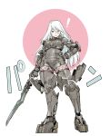  ! 1girl armor blue_eyes breasts broken_armor full_body gloves hand_on_hip holding holding_sword holding_weapon long_hair nier_(series) nier_automata pantyhose see-through shinya_komi solo sweatdrop sword thigh-highs weapon white_hair yorha_type_a_no._2 