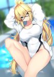  1girl absurdres bangs black-framed_eyewear blonde_hair blue_eyes blurry blurry_background blush breasts closed_mouth collarbone covered_navel fate_(series) glasses hair_between_eyes highres hips jacket jeanne_d&#039;arc_(fate)_(all) jeanne_d&#039;arc_(swimsuit_archer) knee_up large_breasts long_hair looking_at_viewer nebusoku open_clothes open_jacket ponytail signature sitting solo swimsuit thighs very_long_hair waist white_jacket white_swimsuit 