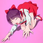  1girl akagi_(fmttps) bangs bow brooch cat_girl choker closed_eyes commentary_request downblouse dress dutch_angle eyebrows_visible_through_hair fangs fingernails full_body gegege_no_kitarou gem hair_bow hair_bun high_heels jewelry long_sleeves nekomusume nekomusume_(gegege_no_kitarou_6) no_bra open_mouth partial_commentary pinafore_dress pointy_ears purple_background purple_hair red_bow red_choker red_dress red_footwear shadow sharp_fingernails shirt short_dress short_hair simple_background solo tearing_up v-shaped_eyebrows white_shirt yawning 