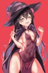  1girl black_cape black_hair cape commentary_request cowboy_shot curled_fingers dress hair_ornament hat highres kantai_collection kisaragi_(kantai_collection) long_hair looking_at_viewer open_mouth pooor purple_dress red_background red_eyes simple_background smile solo standing witch_hat 