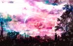  akyuun blurry bokeh clouds crescent_moon depth_of_field highres landscape lens_flare light light_particles long_hair looking_afar moon original ruins scenery silhouette sky texture tree wind 