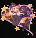  1girl alternate_costume black_background blonde_hair boots breasts chains gloves glowworm_(zhan_jian_shao_nyu) halloween hat highres jack-o&#039;-lantern lamp looking_at_viewer open_mouth pumpkin rhineheim small_breasts solo star thigh-highs twintails witch_hat zhan_jian_shao_nyu 