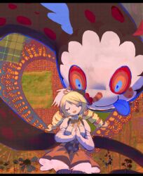  1girl abstract_background black_border blonde_hair blue_tongue border bow bowtie brown_hat brown_skirt chalkdraws charlotte_(madoka_magica) closed_eyes collared_shirt colored_tongue commentary drill_hair hat juliet_sleeves long_hair long_sleeves low_drills mahou_shoujo_madoka_magica open_mouth orange_bow orange_bowtie own_hands_clasped own_hands_together petticoat pleated_collar puffy_sleeves shirt skirt tomoe_mami tongue tongue_out twin_drills white_shirt 