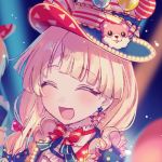  1girl :d ^_^ balloon bang_dream! bangs blonde_hair bow bowtie character_hat_ornament closed_eyes closed_eyes earrings frills hair_bow hat hat_ribbon horse_earrings jewelry long_hair michelle_(bang_dream!) open_mouth polka_dot polka_dot_bow poyo_(shwjdddms249) red_bow ribbon smile smiley_face solo striped striped_neckwear striped_ribbon top_hat tsurumaki_kokoro upper_body 