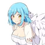  1girl angel_wings blue_hair braid breasts chikuwa_(majihima) cleavage elbow_gloves french_braid gloves large_breasts looking_at_viewer moira_(nijisanji) mole mole_under_mouth nijisanji short_hair smile tagme underbust virtual_youtuber white_background wings yellow_eyes 