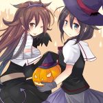  2girls ;p ahoge black_hair blue_eyes braid breasts brown_eyes brown_hair budget_sarashi eyebrows_visible_through_hair fake_horns gloves grey_gloves grey_skirt hair_between_eyes hair_over_shoulder hair_ribbon halloween_costume hat hirune_(konekonelkk) holding_jack-o&#039;-lantern jack-o&#039;-lantern kantai_collection long_hair looking_at_viewer medium_breasts multiple_girls one_eye_closed puffy_short_sleeves puffy_sleeves ribbon sarashi short_sleeves single_braid skirt smile tongue tongue_out witch_hat 