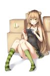  1girl :d absurdres bangs bare_arms bare_shoulders black_choker black_dress blush bow box breasts cardboard_box choker collarbone convenient_leg double_bun dress eyebrows_visible_through_hair full_body girls_frontline green_bow green_eyes green_legwear hair_between_eyes hair_bow handheld_game_console highres holding holding_handheld_game_console kneehighs light_brown_hair long_hair looking_at_viewer mismatched_legwear nintendo_switch no_shoes open_mouth rfb_(girls_frontline) shadow side_bun sitting sleeveless sleeveless_dress small_breasts smile sobmarine solo striped striped_legwear vertical-striped_legwear vertical_stripes very_long_hair white_background 