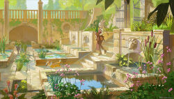  1girl animal animal_ears apron cattail day dog flower fountain gloves highres long_hair noasa original outdoors plant potted_plant rabbit_ears scenery water welsh_corgi white_hair 