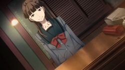  1girl aged_down blazer blunt_bangs bow breasts brown_eyes brown_hair buttons chest_bow chuo_tanegashima_high_school_uniform chuo_tanegashima_high_winter_school_uniform closed_mouth collarbone confident dutch_angle fukuda_tomonori game_cg green_sailor_collar grey_jacket grey_shirt highres indoors jacket looking_at_viewer medium_breasts non-web_source official_art ponytail pov red_bow robotics;notes sailor_collar school_uniform senomiya_misaki shiny_eyes shirt smile solo toolbox window 