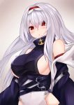  1girl arms_at_sides azur_lane bangs bare_shoulders belt belt_buckle black_coat blush breasts buckle coat colorado_(azur_lane) covered_navel dress gradient gradient_background groin hair_between_eyes hair_intakes hair_over_one_eye hairband highres large_breasts long_hair looking_at_viewer off_shoulder parted_lips red_eyes ryara_vivi side_cutout sideboob sidelocks simple_background sleeveless sleeveless_dress solo upper_body white_hair 