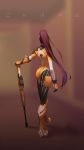  1girl alternate_costume ass back boots fingerless_gloves fusion_widowmaker gloves gun highres long_hair nezumi_(tuboshu2013) overwatch ponytail purple_hair purple_skin rifle solo tattoo weapon widowmaker_(overwatch) 