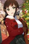  1girl :d alternate_costume bag bangs black_hair black_skirt blurry blush breath brown_gloves casual christmas_tree coat depth_of_field duffel_coat eyebrows_visible_through_hair fur_collar gloves green_eyes icehotmilktea kurosawa_dia long_hair looking_at_viewer love_live! love_live!_sunshine!! mole mole_under_mouth open_clothes open_coat open_mouth outdoors red_coat shoulder_bag skirt smile snowing solo upper_body winter 