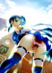  1girl absurdres aqua_(konosuba) aqua_eyes ass bent_over between_legs blue_hair blue_legwear boots breasts building clouds cloudy_sky covering covering_crotch dated day detached_sleeves dress finger_to_mouth hair_bobbles hair_ornament hair_rings hand_between_legs highres index_finger_raised kono_subarashii_sekai_ni_shukufuku_wo! lens_flare long_hair looking_at_viewer looking_back medium_breasts no_panties one_eye_closed oshiyon see-through short_dress sky smile solo standing sunlight thigh-highs thigh_boots twitter_username white_legwear 