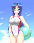  1girl ball blue_hair blue_sky borrowed_character breasts clouds competition_swimsuit covered_navel erect_nipples glasses green_eyes highres long_hair looking_at_viewer medium_breasts one-piece_swimsuit original sky smile solo swimsuit takahiiro white_swimsuit 