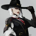  1girl armor ashe_(overwatch) asymmetrical_hair belt_buckle black_gloves breasts buckle cowboy_hat darwh earrings eyeliner gloves grey_background hat hat_tip jewelry lipstick looking_at_viewer makeup medium_breasts mole_above_mouth navel necktie overwatch red_eyes signature single_pauldron sleeves_pushed_up solo vest white_hair 
