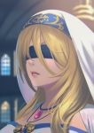  1girl bangs blindfold blonde_hair breasts dress fateline_alpha goblin_slayer! highres indoors jewelry large_breasts long_hair necklace parted_lips pink_lips solo sword_maiden white_dress window 