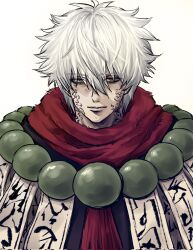  1boy bags_under_eyes bead_necklace beads brown_eyes closed_mouth commentary_request gintama gintama_movie_2:_yorozuya_yo_eien_nare gintoki_ful hair_between_eyes highres jewelry korean_commentary looking_at_viewer male_focus messy_hair necklace official_alternate_costume red_scarf sakata_gintoki scarf short_hair solo upper_body white_background white_hair 