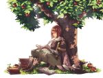  1girl against_tree ai-wa apple apple_tree bangs blunt_bangs book boots brown_footwear cape expressionless fire_emblem fire_emblem:_kakusei food fruit full_body glasses grass hat hat_removed headwear_removed highres legs_together miriel_(fire_emblem) nintendo pants quill short_hair sitting solo straight_hair tree turtleneck white_background witch_hat writing 