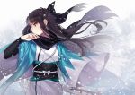  1girl black_bow black_hair black_scarf black_sleeves bow brown_eyes cosplay eyebrows_visible_through_hair fate_(series) floating_hair hair_bow haori holding holding_sheath japanese_clothes kimono long_hair obi okita_souji_(fate) okita_souji_(fate)_(all) okita_souji_(fate)_(cosplay) sash scarf sheath snowing solo standing tohsaka_rin upper_body very_long_hair white_kimono yaoshi_jun 