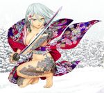  1girl blue_eyes breasts cleavage collarbone ex-arm eyeliner floral_print flower groin hair_flower hair_ornament holding holding_sword holding_weapon japanese_clothes katana kimono kneeling looking_at_viewer makeup navel sash shinya_komi short_hair silver_nails solo sword tattoo weapon white_hair 