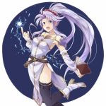  1girl black_legwear book bridal_gauntlets dress eyebrows_visible_through_hair fire_emblem fire_emblem:_seisen_no_keifu high_heels holding holding_book leg_up long_hair mememefe nintendo open_book open_mouth ponytail purple_hair side_slit simple_background solo tiltyu_(fire_emblem) violet_eyes 