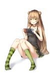  1girl :d absurdres bangs bare_arms bare_shoulders black_choker black_dress blush bow breasts choker collarbone convenient_leg double_bun dress eyebrows_visible_through_hair full_body girls_frontline green_bow green_eyes green_legwear hair_between_eyes hair_bow handheld_game_console highres holding holding_handheld_game_console kneehighs light_brown_hair long_hair looking_at_viewer mismatched_legwear nintendo_switch no_shoes open_mouth rfb_(girls_frontline) shadow side_bun sitting sleeveless sleeveless_dress small_breasts smile sobmarine solo striped striped_legwear vertical-striped_legwear vertical_stripes very_long_hair white_background 