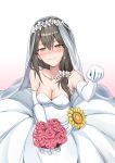  1girl absurdres blush bouquet breasts bridal_veil cleavage commentary_request dress elbow_gloves flower girls_frontline gloves grey_hair happy_tears helianthus_(girls_frontline) highres jewelry ky_(ky990533) large_breasts ring smile solo strapless strapless_dress sunflower tears veil wedding_band wedding_dress yellow_eyes 