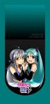  2girls :d ahoge aqua_hair bare_shoulders blue_eyes blush breasts caffein cleavage detached_sleeves hatsune_miku highres holding interlocked_fingers long_hair long_sleeves looking_at_viewer medium_breasts multiple_girls open_mouth ponytail shirt silver_hair sleeveless sleeveless_shirt smile tareme twintails upper_body very_long_hair vocaloid voyakiloid yowane_haku 