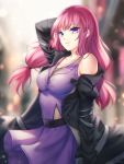  1girl arm_behind_head black_coat blurry blurry_background breasts coat collarbone cowboy_shot eyebrows_visible_through_hair eyes floating_hair gigamessy jewelry large_breasts long_hair necklace open_clothes open_coat original pink_hair purple purple_skirt skirt solo standing twintails 