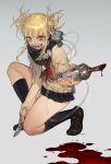  1girl bangs blonde_hair blood bloody_hands blush boku_no_hero_academia grey_background highres holding holding_weapon knife na_in-sung open_mouth sharp_teeth short_hair signature simple_background skirt smile syringe teeth thigh-highs toga_himiko tube weapon yellow_eyes 