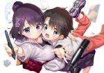  age_difference bag black_hair blue_eyes blurry blurry_background blurry_foreground breast_press casual commentary_request ekakibito fate/grand_order fate_(series) flower fujimaru_ritsuka_(male) hair_bun hair_flower hair_ornament hand_on_another&#039;s_back hug katsushika_hokusai_(fate/grand_order) long_skirt pants shirt short_hair sketchbook skirt stylus tied_hair violet_eyes white_shirt younger 